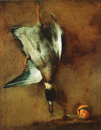 Un canard colvert attaché au mur et une bigarade - Jean Baptiste Simeon Chardin